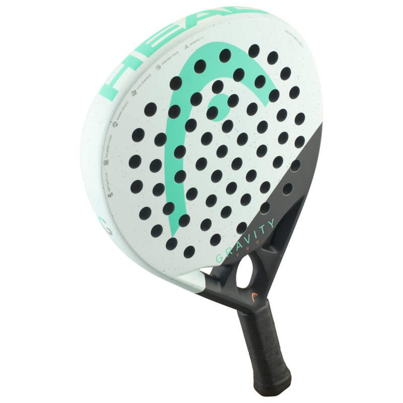 HEAD Gravity Pro padel racket angled view showing round shape, mint and black design, and textured face.