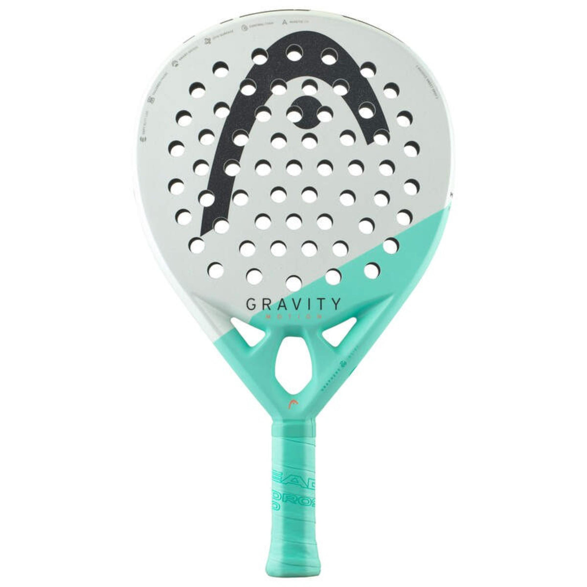 Head Gravity Pro padel racket angled view with mint green and black frame and perforated hitting surface on white background.