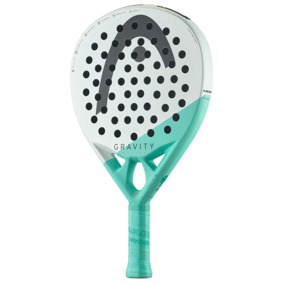 Head Gravity Pro padel racket angled view with mint green and black frame and perforated hitting surface on white background.