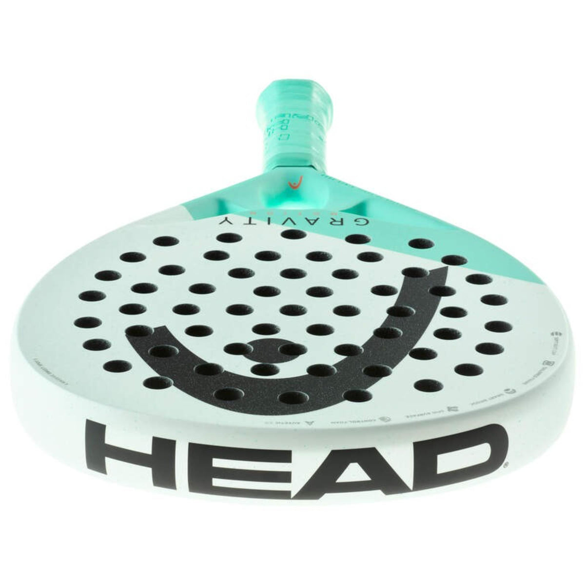 Head Gravity Pro padel racket angled view with mint green and black frame and perforated hitting surface on white background.