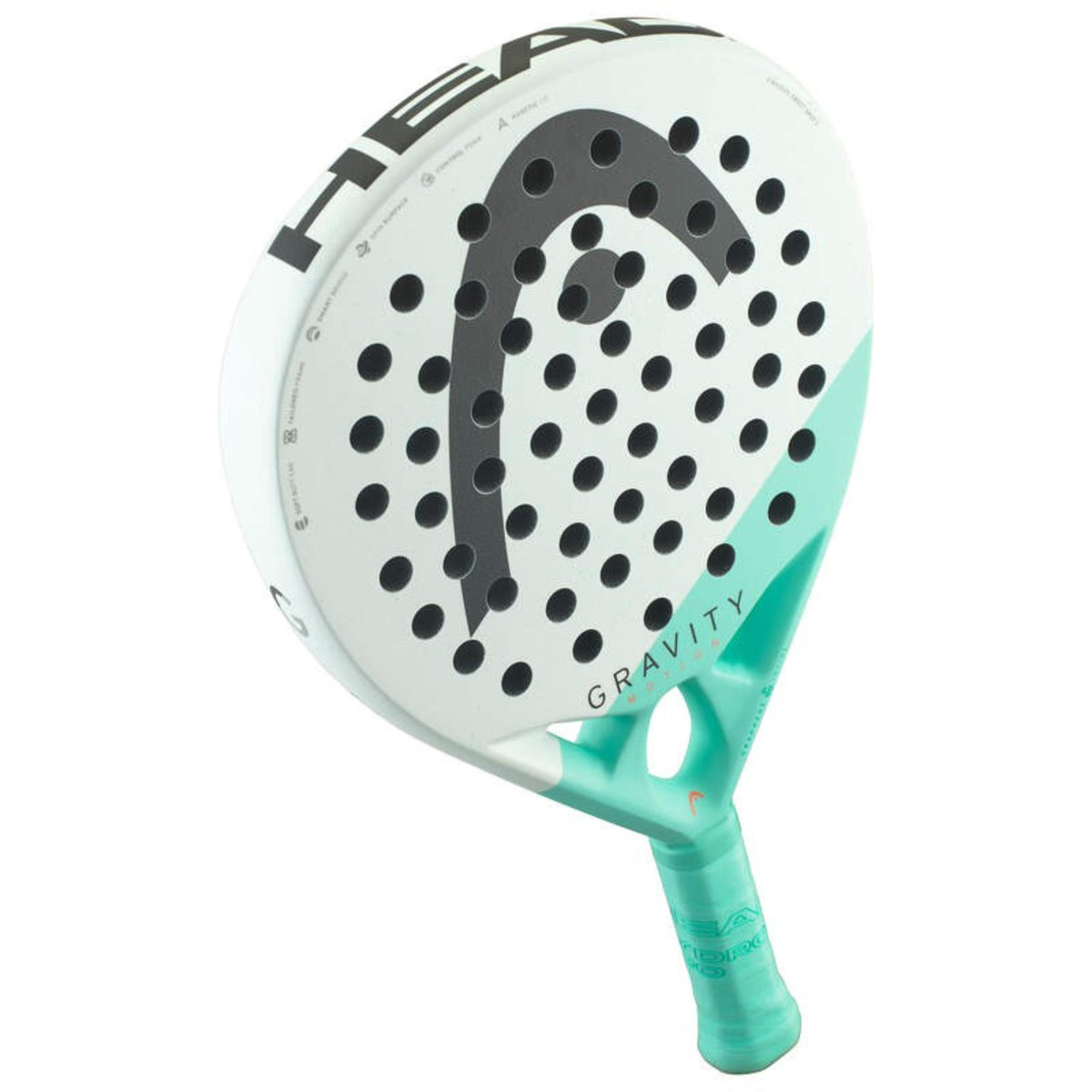 Head Gravity Pro padel racket angled view with mint green and black frame and perforated hitting surface on white background.