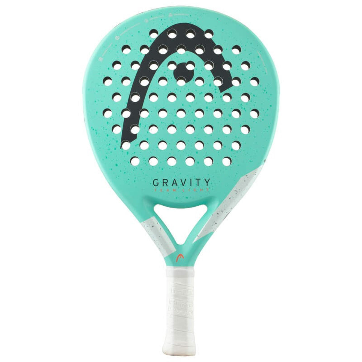 Head Gravity Team Light padel racket, front view showing round shape, teal frame and white grip.