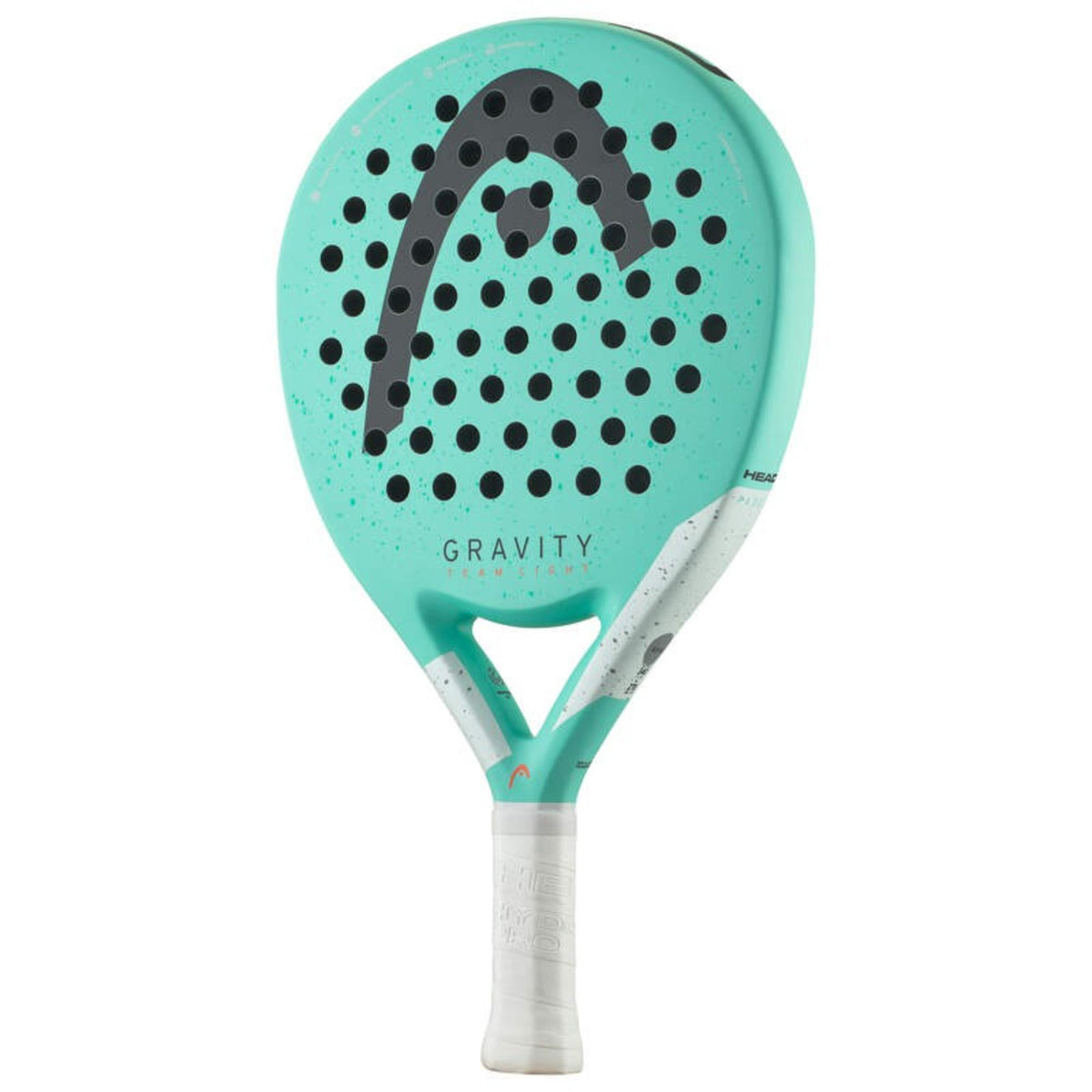 Head Gravity Team Light padel racket in teal and white, front view with perforated face and black logo.