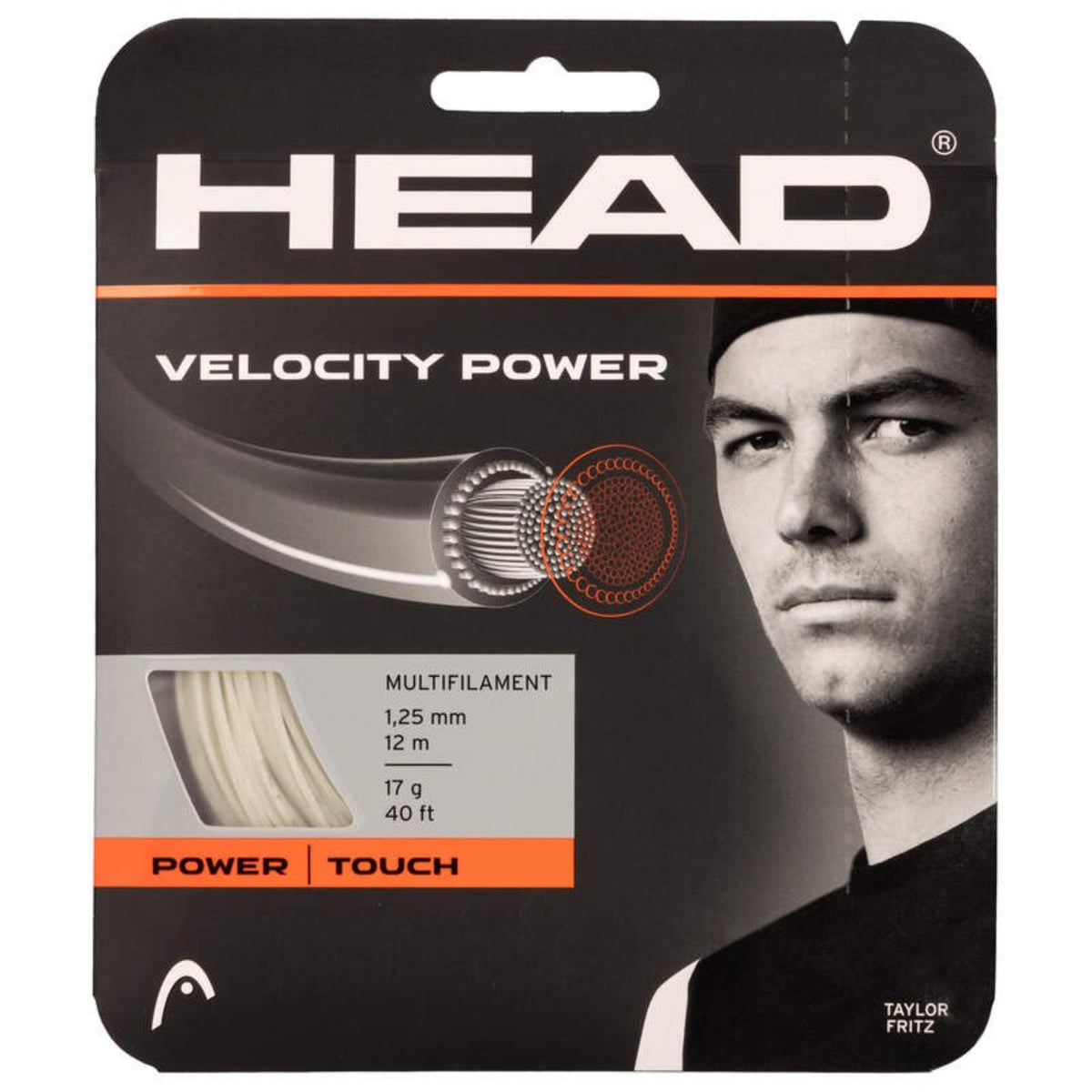 HEAD Velocity Power multifilament tennis string, 1.25 mm, 12 m (40 ft), natural/beige color. Packaging features Taylor Fritz portrait and highlights power and touch.