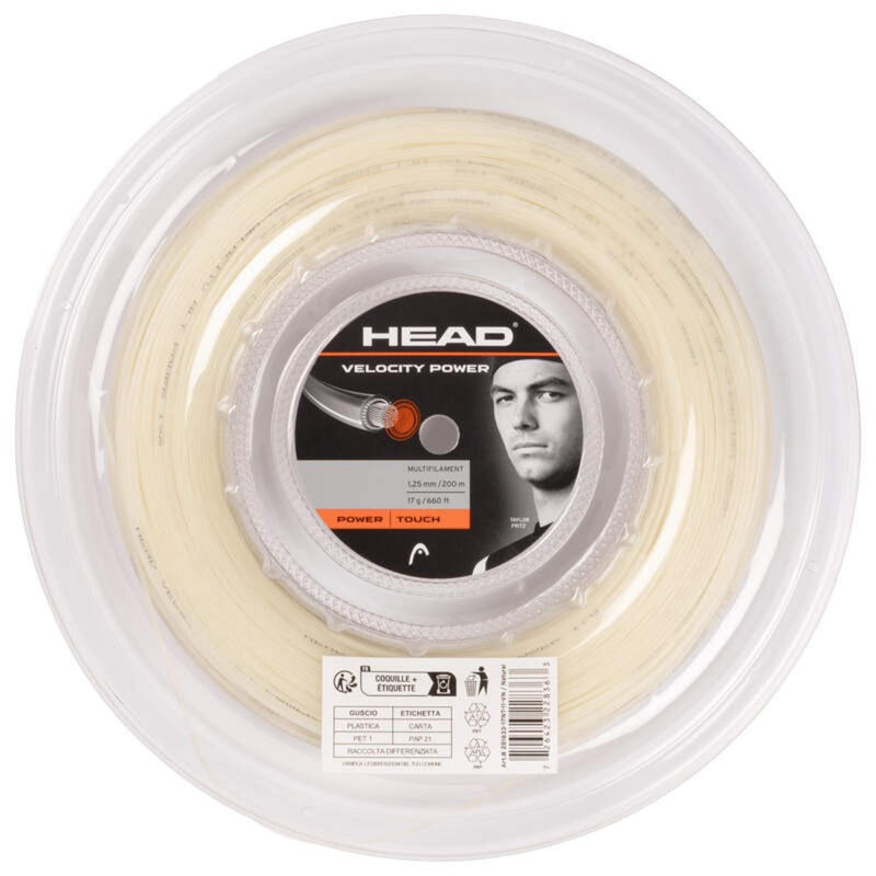 HEAD Velocity Power multifilament tennis string reel, natural color, 1.30 mm / 200 m, 16 g / 660 ft, Power | Touch, featuring Taylor Fritz on the label.