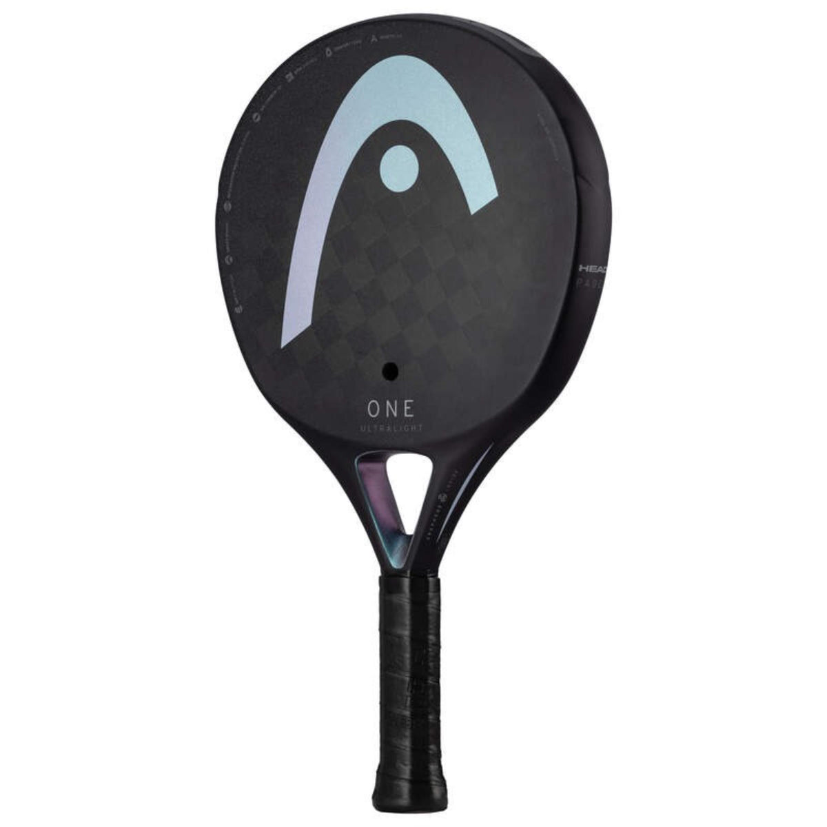 Head One Ultralight padel racket in black with blue logo, front view.
