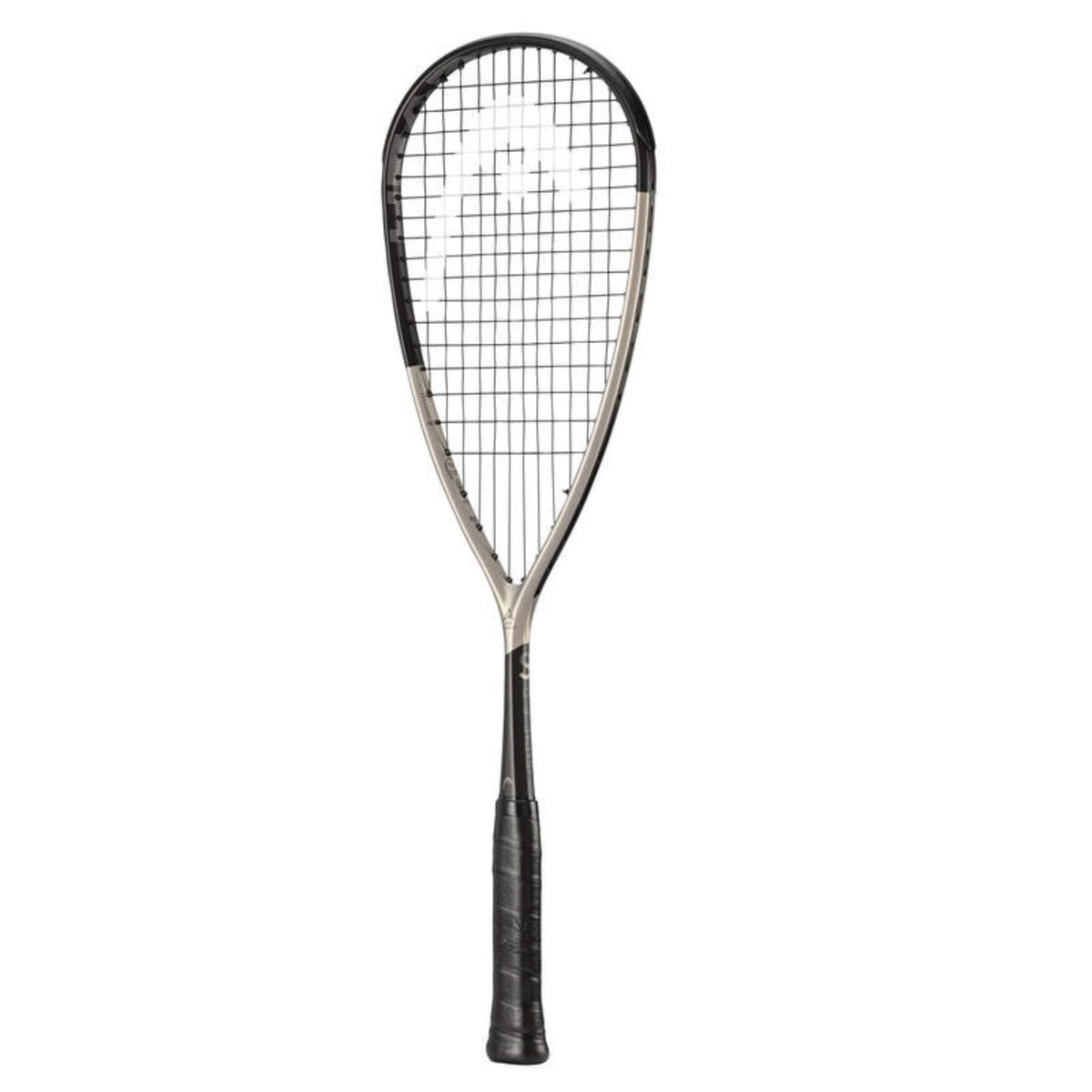 Head Speed squash racket, black and silver frame, full front view with strung head and black grip.