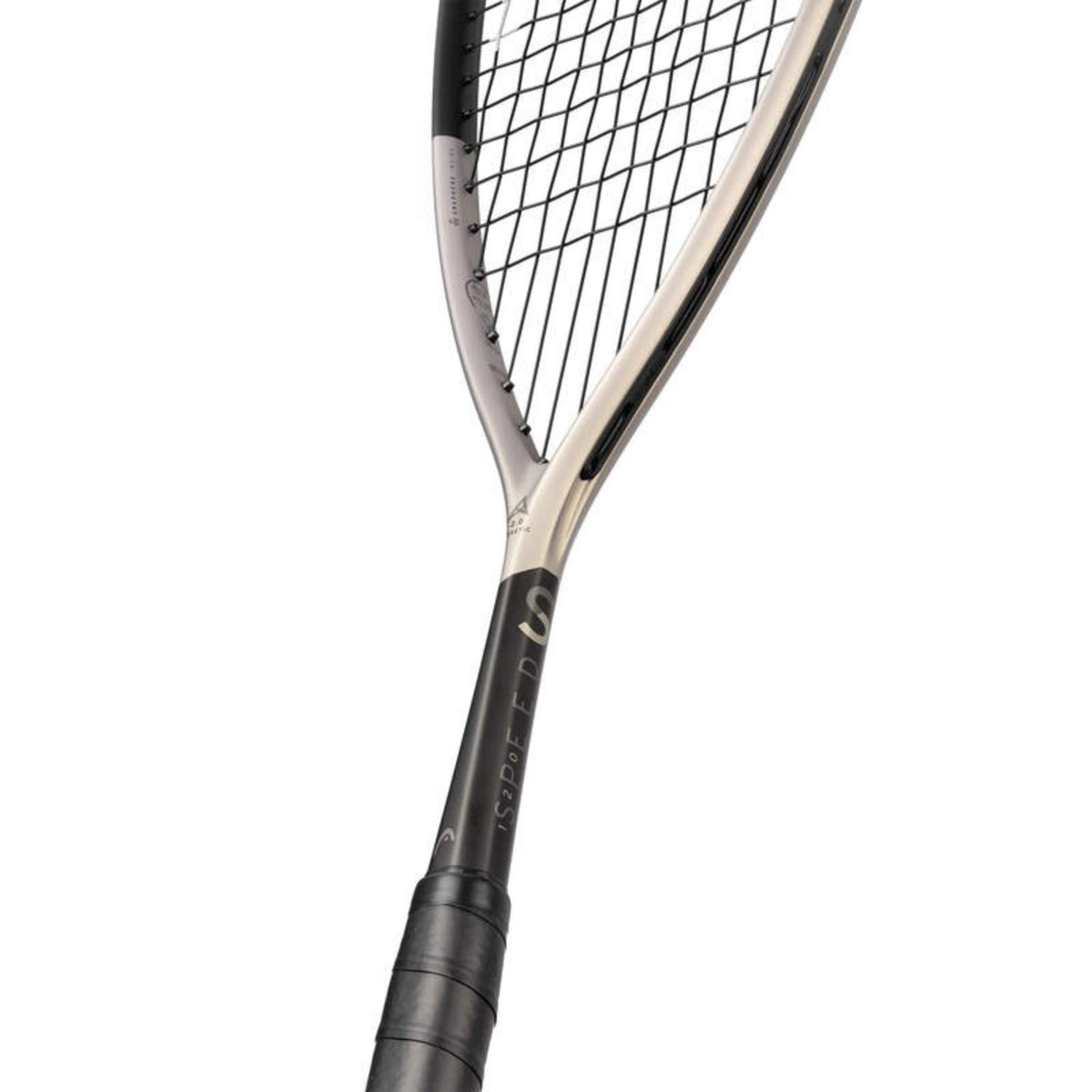 Head Speed squash racket, black and silver frame, full front view with strung head and black grip.