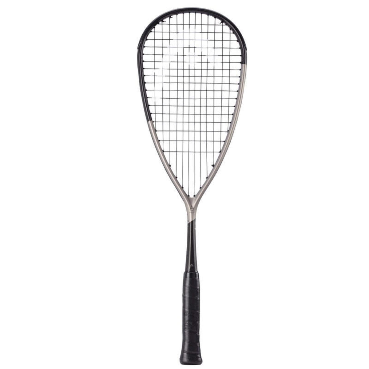 Head Speed squash racket, black and silver frame, full front view with strung head and black grip.