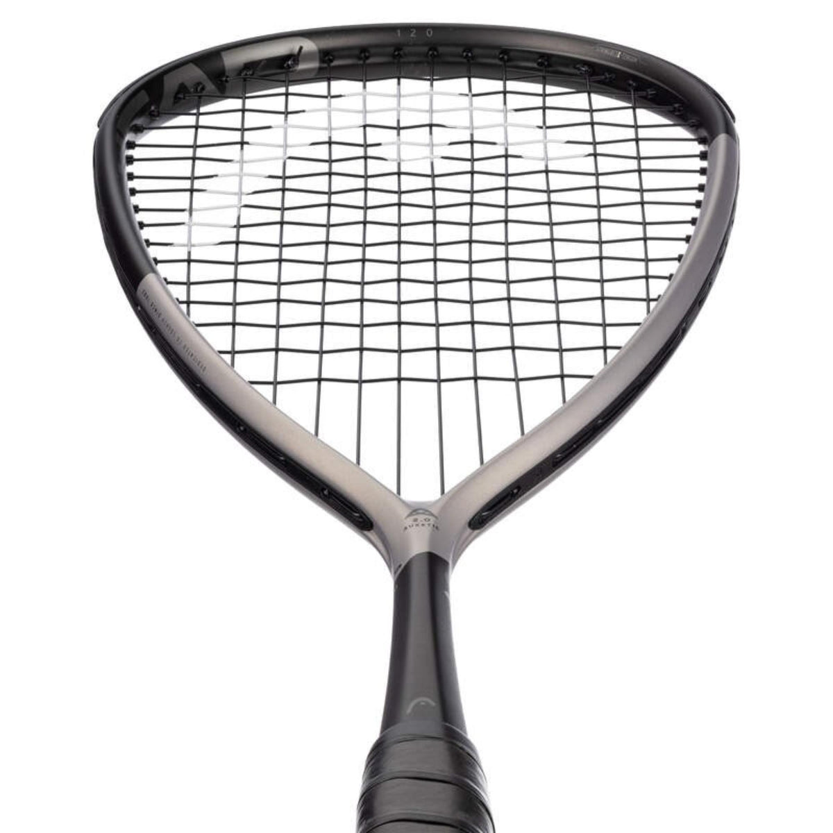 Head Speed squash racket, black and silver frame, full front view with strung head and black grip.