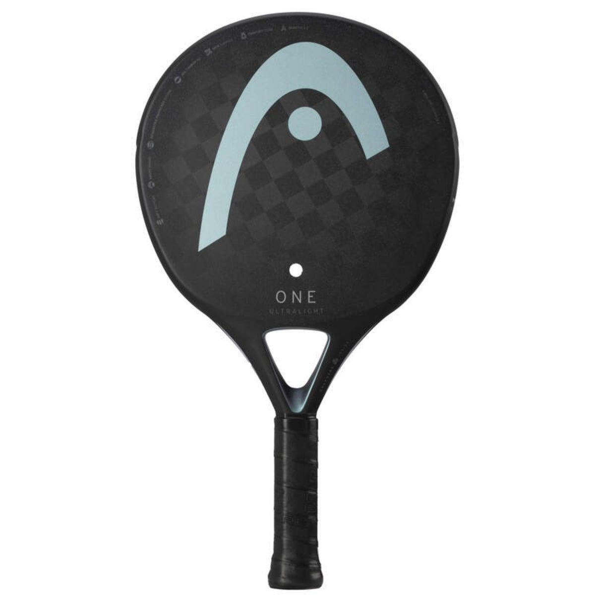 Head One Ultralight padel racket in black with blue logo, front view.