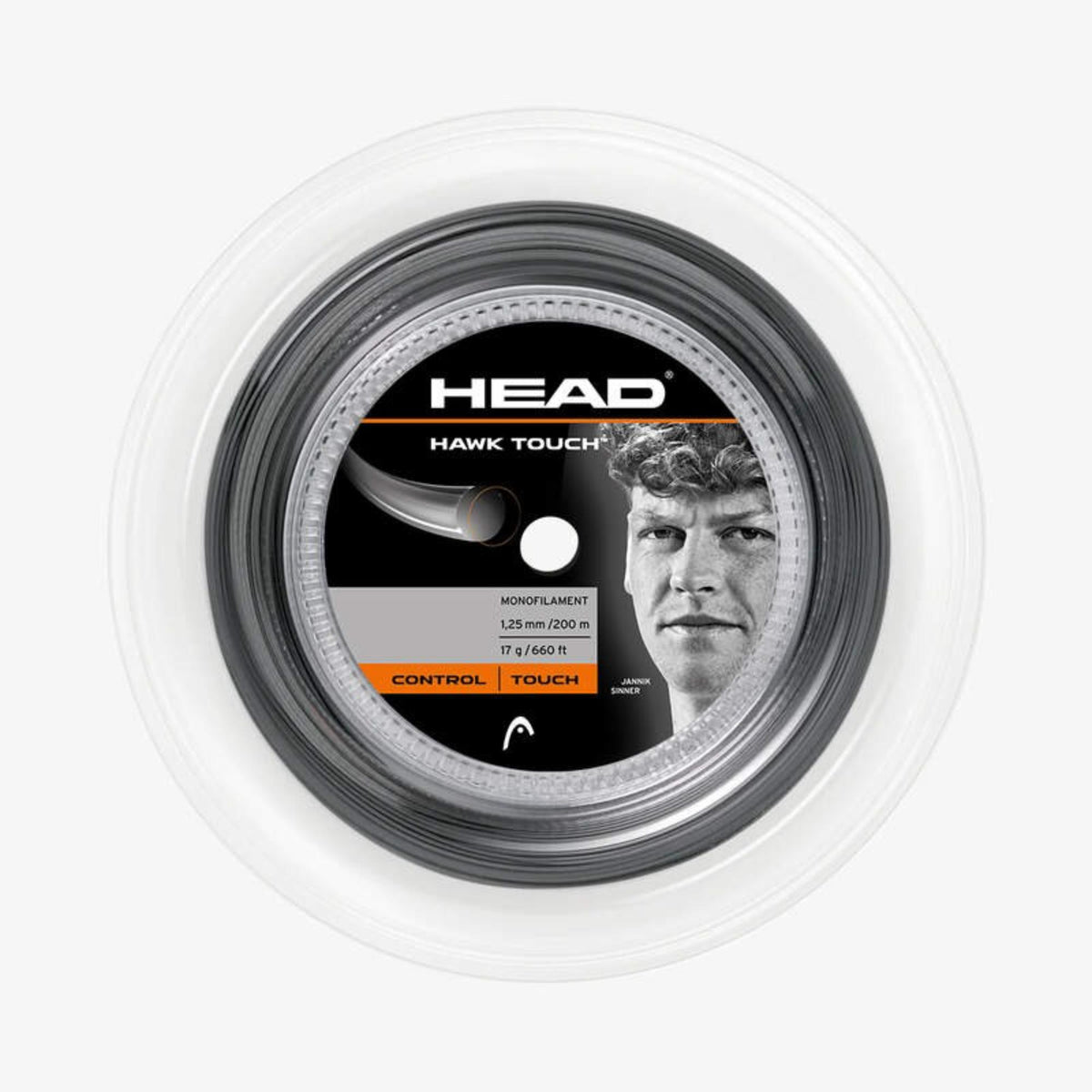 HEAD Hawk Touch tennis string reel in gray, monofilament 1.25 mm / 200 m (17 g / 660 ft), labeled Control | Touch, featuring Jannik Sinner on the center label.