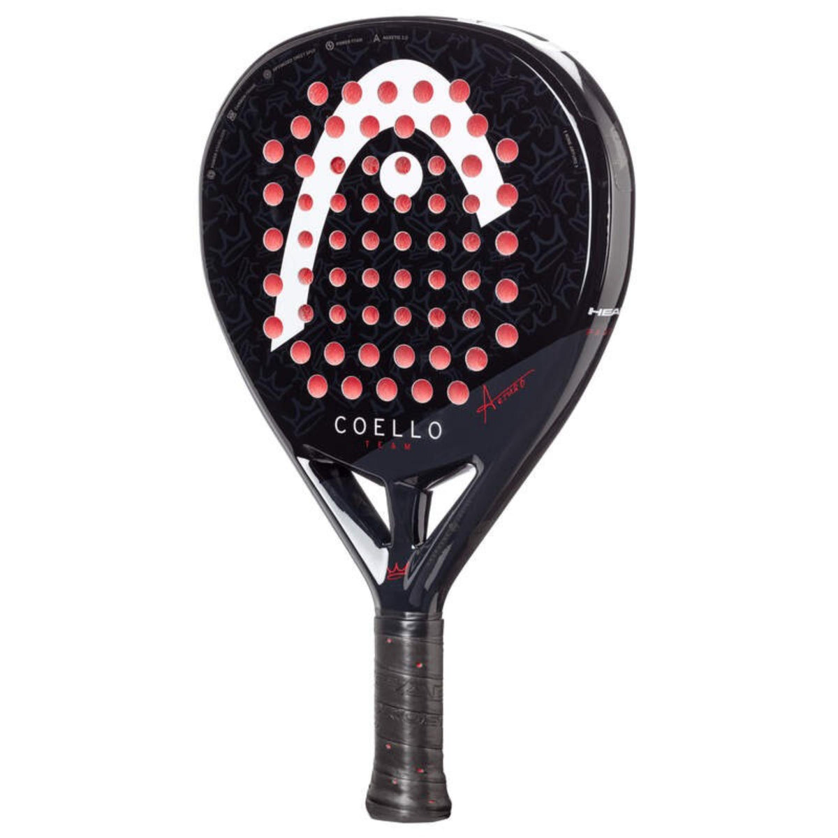 Head Coello Team Arturo padel racket in navy and black with white logo and red signature, front view on white background.