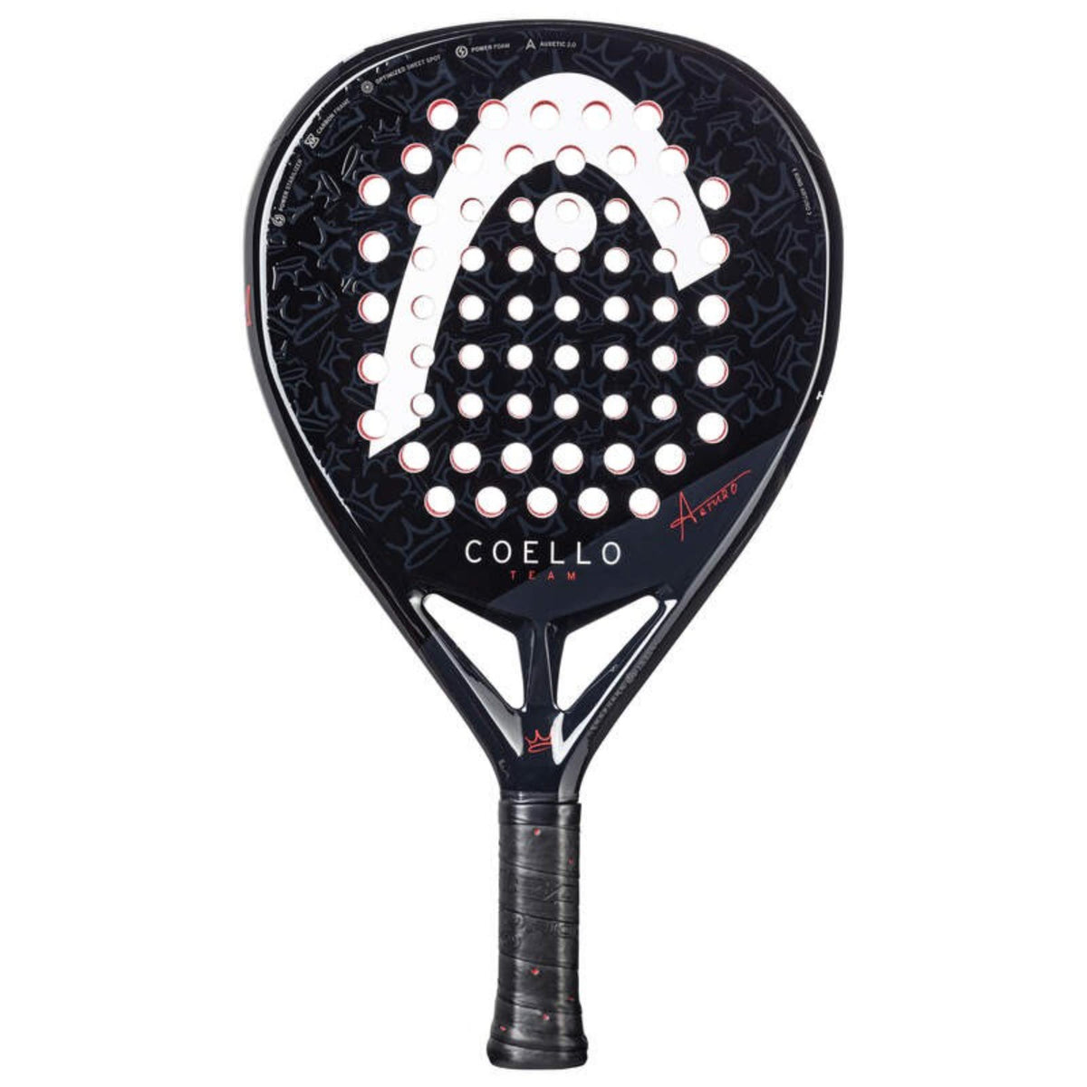 Head Coello Team Arturo padel racket in navy and black with white logo and red signature, front view on white background.