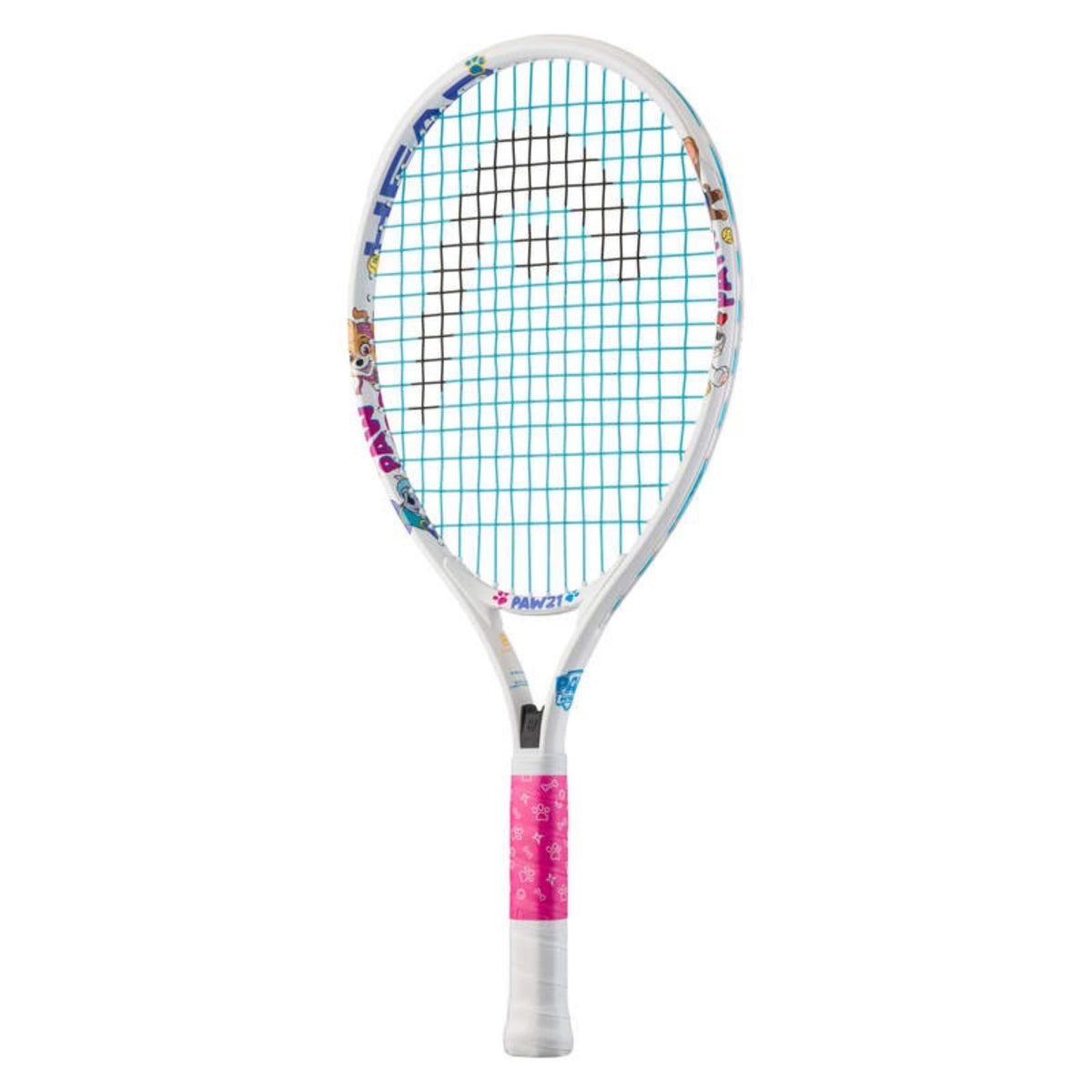 HEAD Paw 17 junior tennis racket with white frame, turquoise strings, pink grip, and playful paw-print graphics, designed for kids and beginner players.