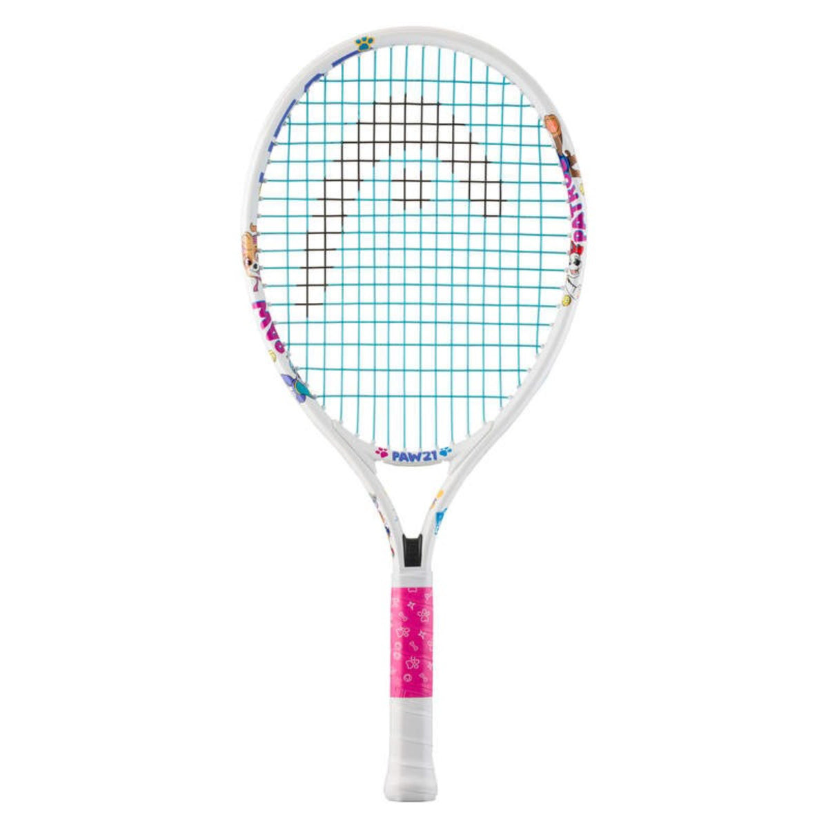 HEAD Paw 17 junior tennis racket with white frame, turquoise strings, pink grip, and playful paw-print graphics, designed for kids and beginner players.