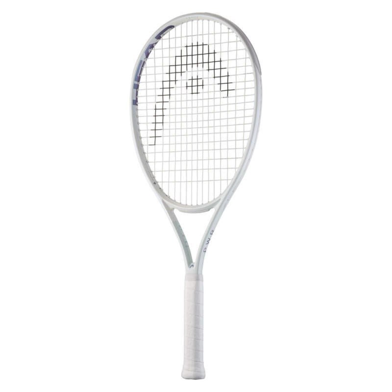 Head PWR 110 tennis racquet with white frame and black string pattern on a white background.