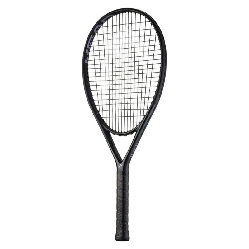 Head PWR 115 tennis racket with black frame and black strings, featuring an oversized 115 sq in head and lightweight design for easy power and improved control.
