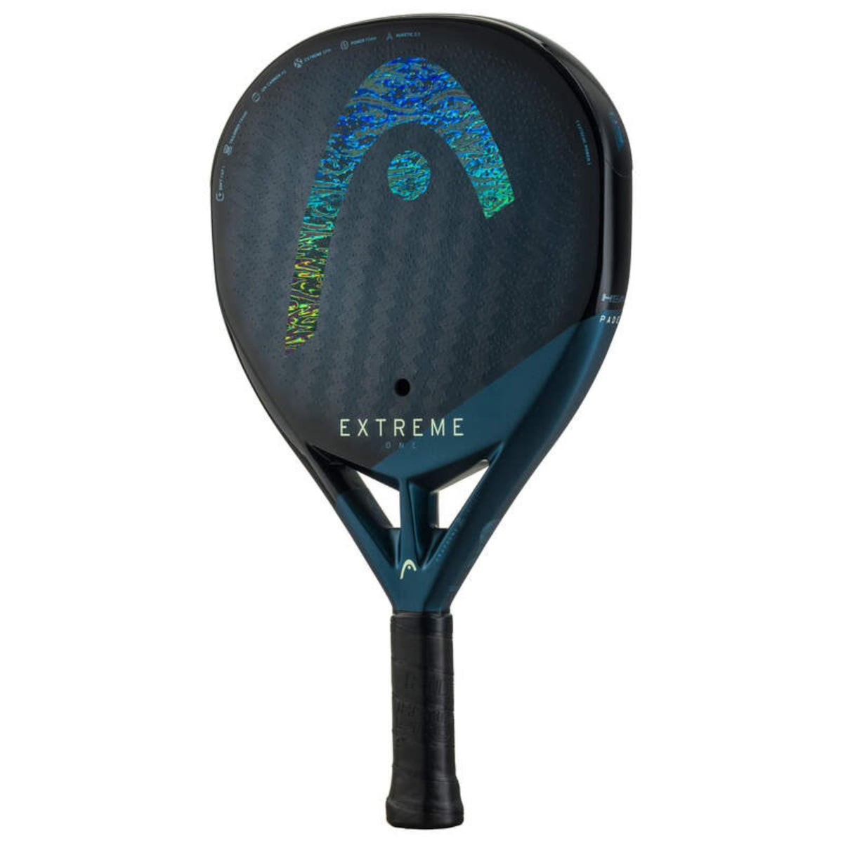 HEAD Extreme One padel racket, front view, black and teal design with iridescent logo and “Extreme” branding.