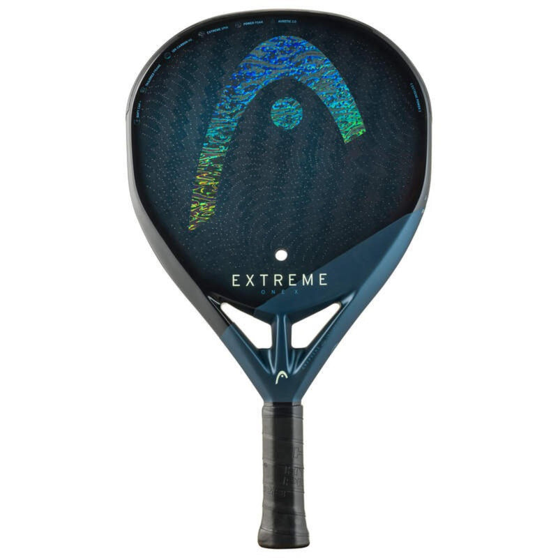 HEAD Extreme One padel racket, front view, black and teal design with iridescent logo and “Extreme” branding.