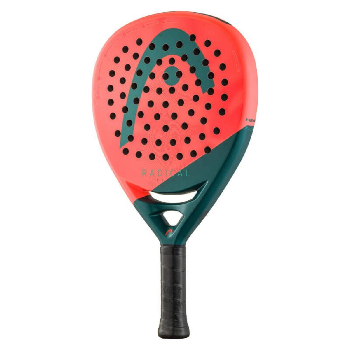Head Radical Motion padel racket in green and coral with perforated face and black grip