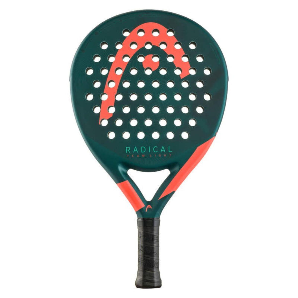 Head Radical Motion padel racket in teal and coral with perforated face and black grip, front view on white background.