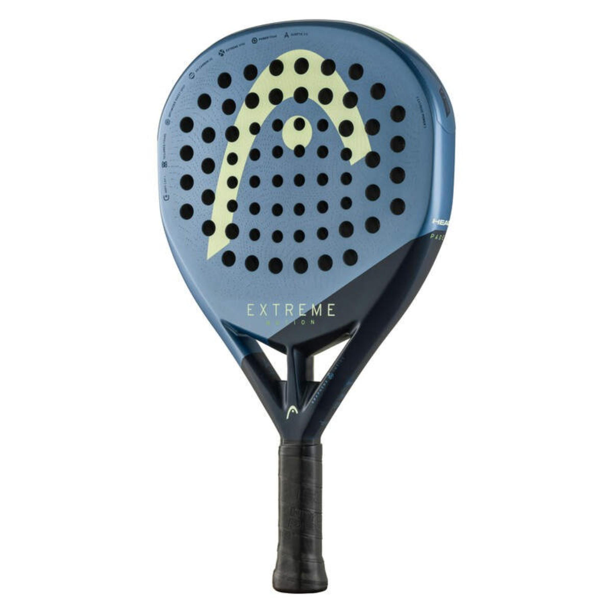 HEAD Coello Extreme Motion padel racket front view in blue with solid hitting surface.