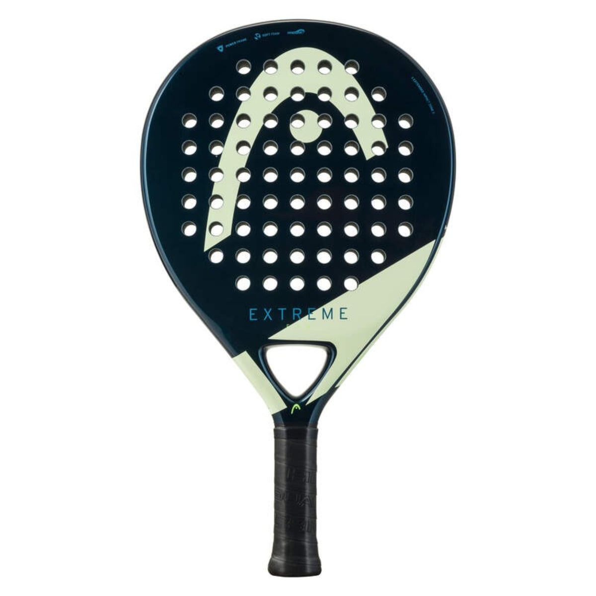 HEAD Extreme padel racket in navy and light yellow with perforated face and large HEAD logo, front view on white background.