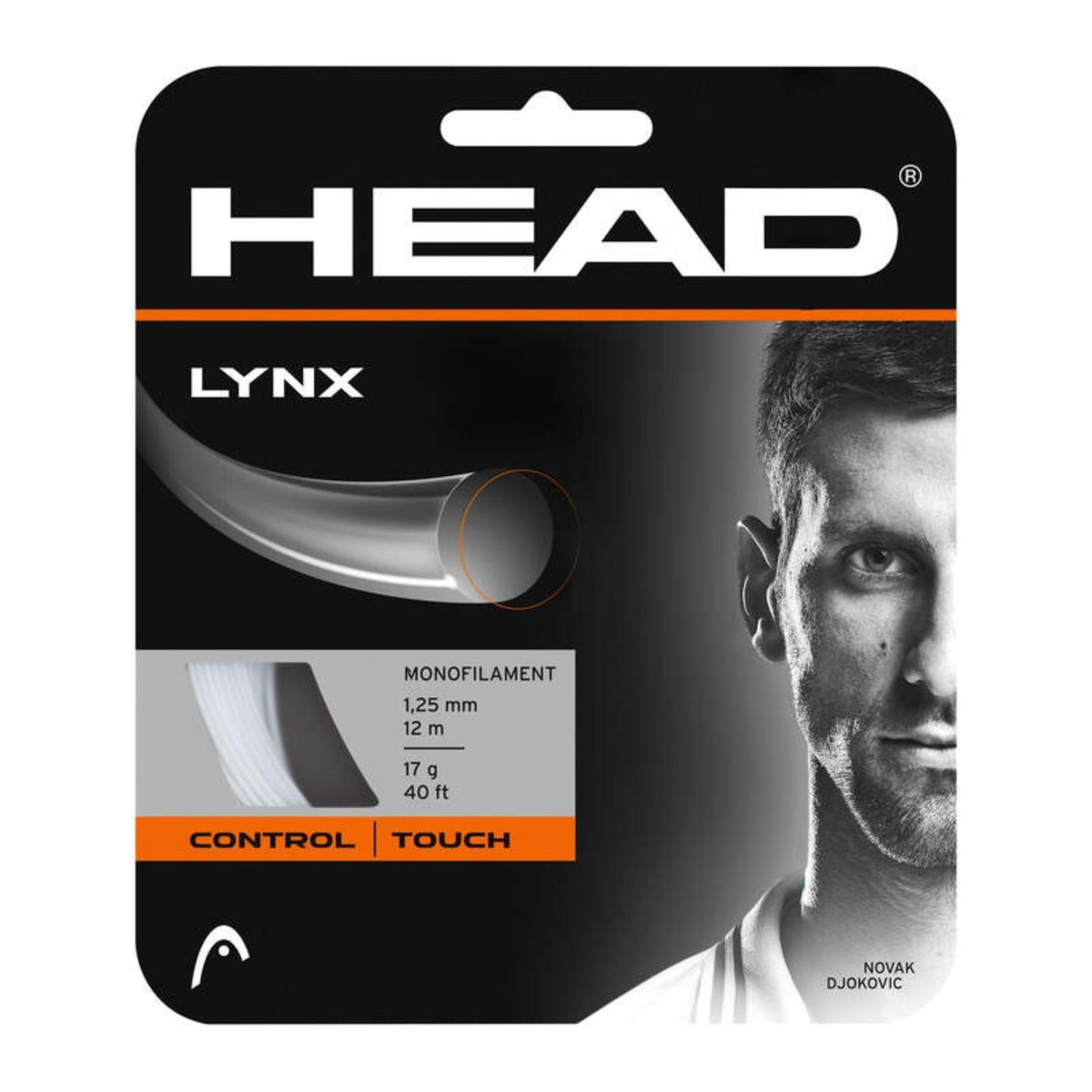 HEAD Lynx monofilament tennis string set, 1.25 mm 12 m (17 g/40 ft), white color, Control | Touch, packaging featuring Novak Djokovic.