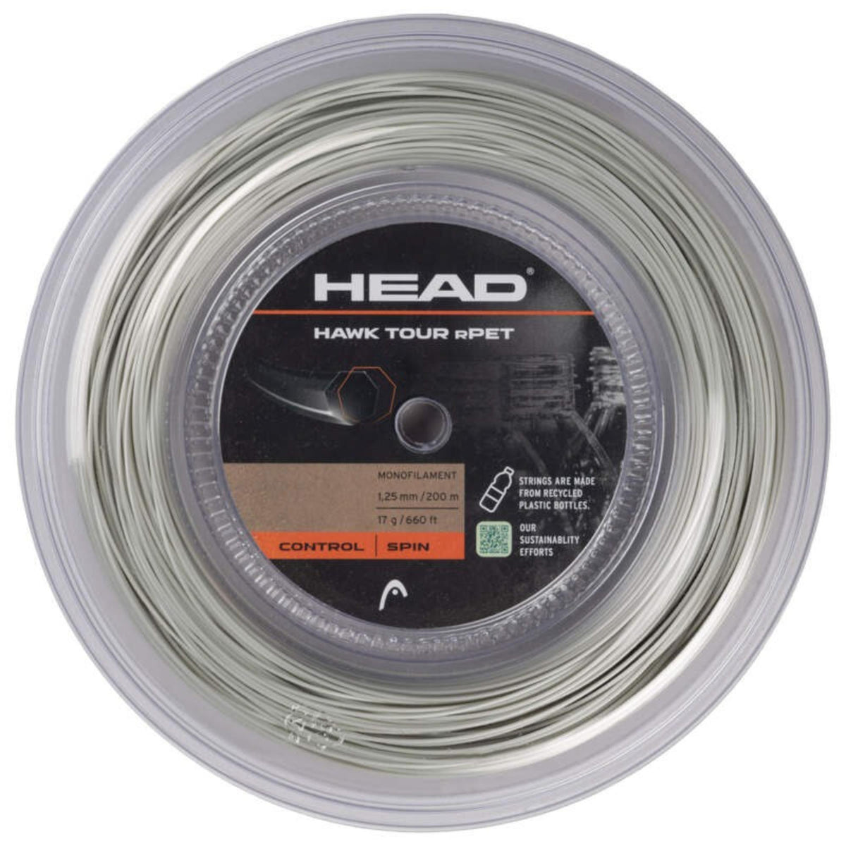 HEAD Hawk Tour rPET tennis string reel in grey, monofilament 1.25 mm / 200 m (17 g / 660 ft), labeled Control | Spin, made from recycled plastic bottles.
