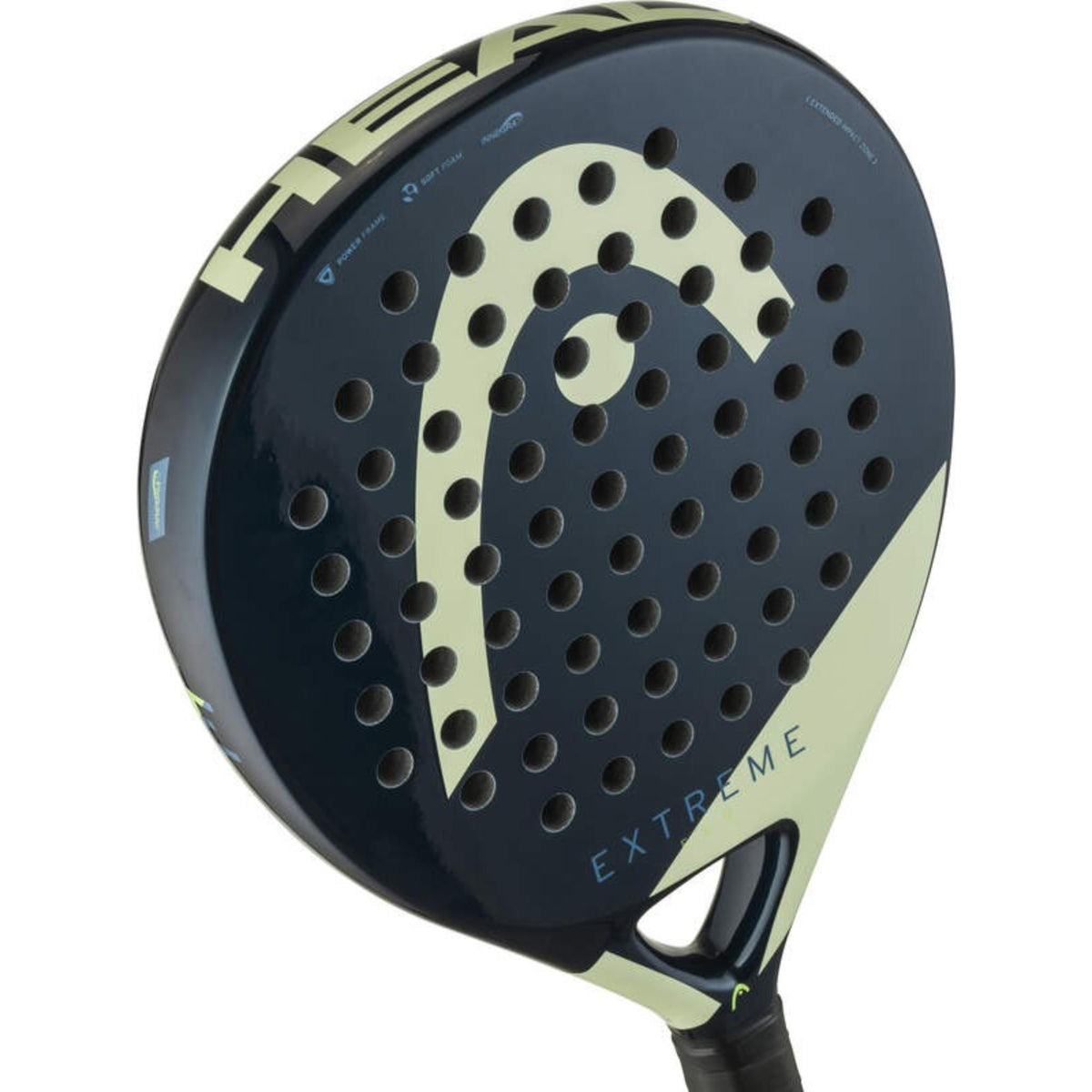 HEAD Extreme padel racket in navy and light yellow with perforated face and large HEAD logo, front view on white background.