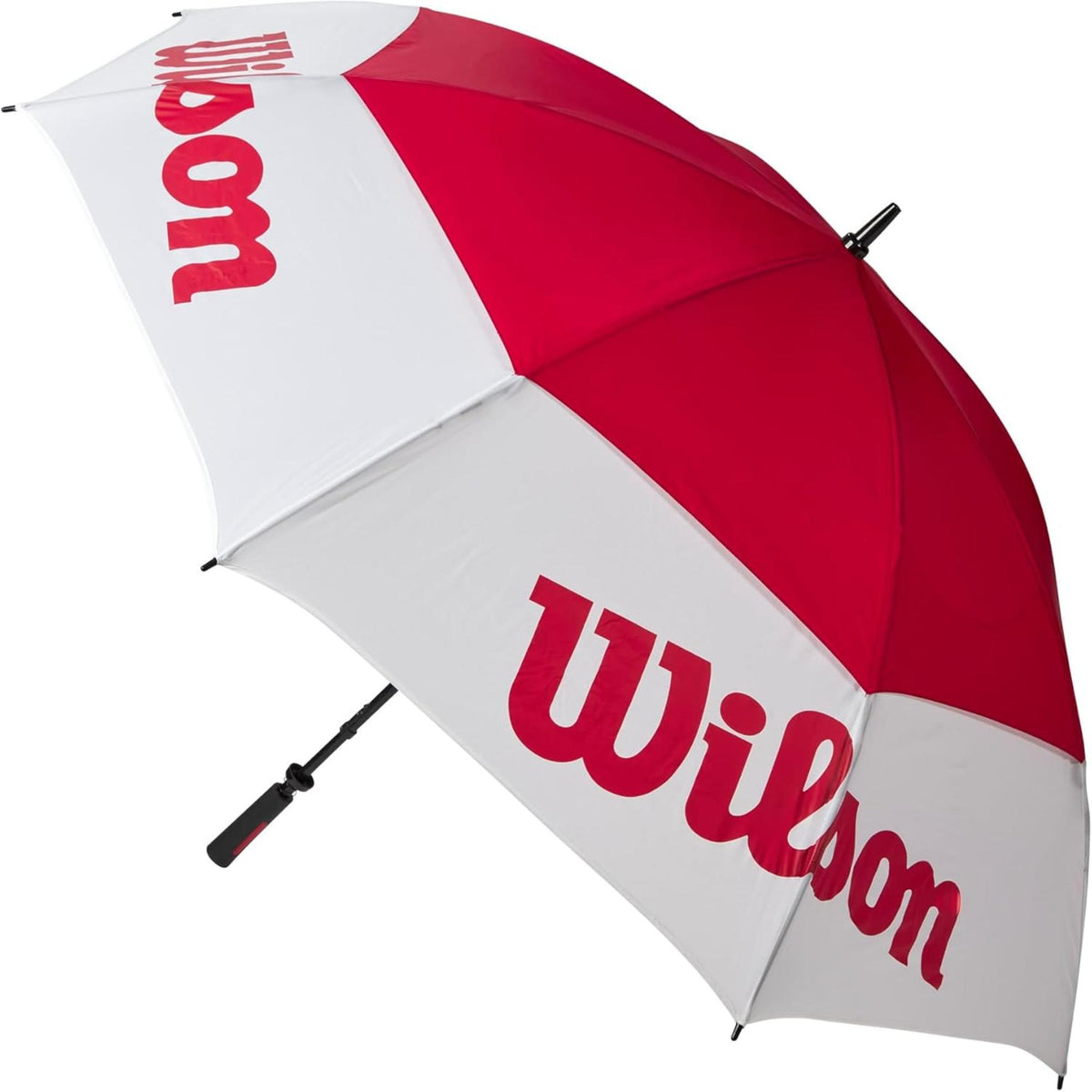Wilson Golf Tour umbrella in red and white with large Wilson logos, wide canopy design, and black handle, shown open on a white background.