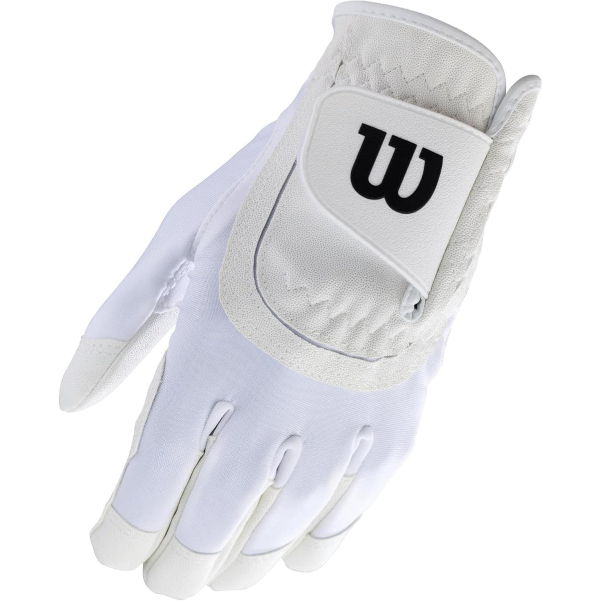 Wilson Golf junior golf glove in white with breathable fabric back, textured palm grip, and adjustable wrist closure featuring the Wilson “W” logo, shown front and back on a white background.