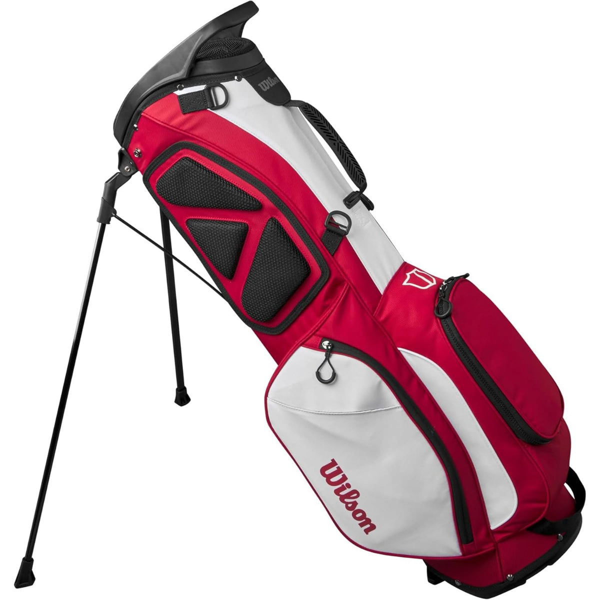 Wilson EXO Lite stand golf bag with lightweight carry design, 4-way top divider, dual padded shoulder straps, and multiple storage pockets for organized, comfortable carrying on the course.