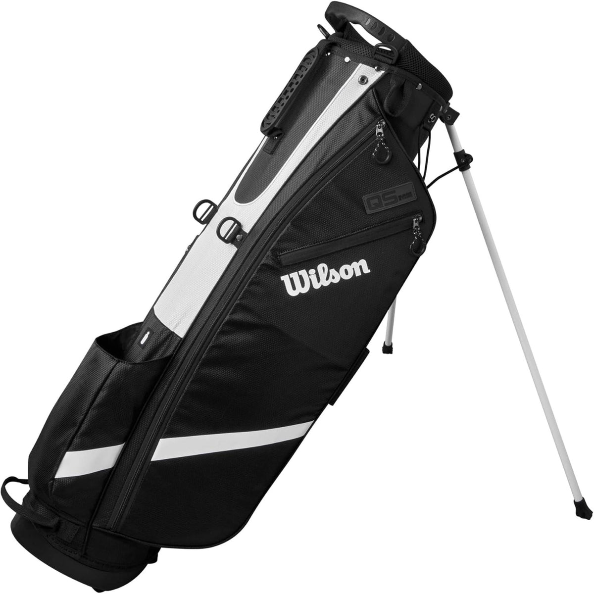 Wilson Golf QS stand golf bag in black and white with multiple zippered pockets, built-in stand legs, and top carry handle, displayed on a white background.