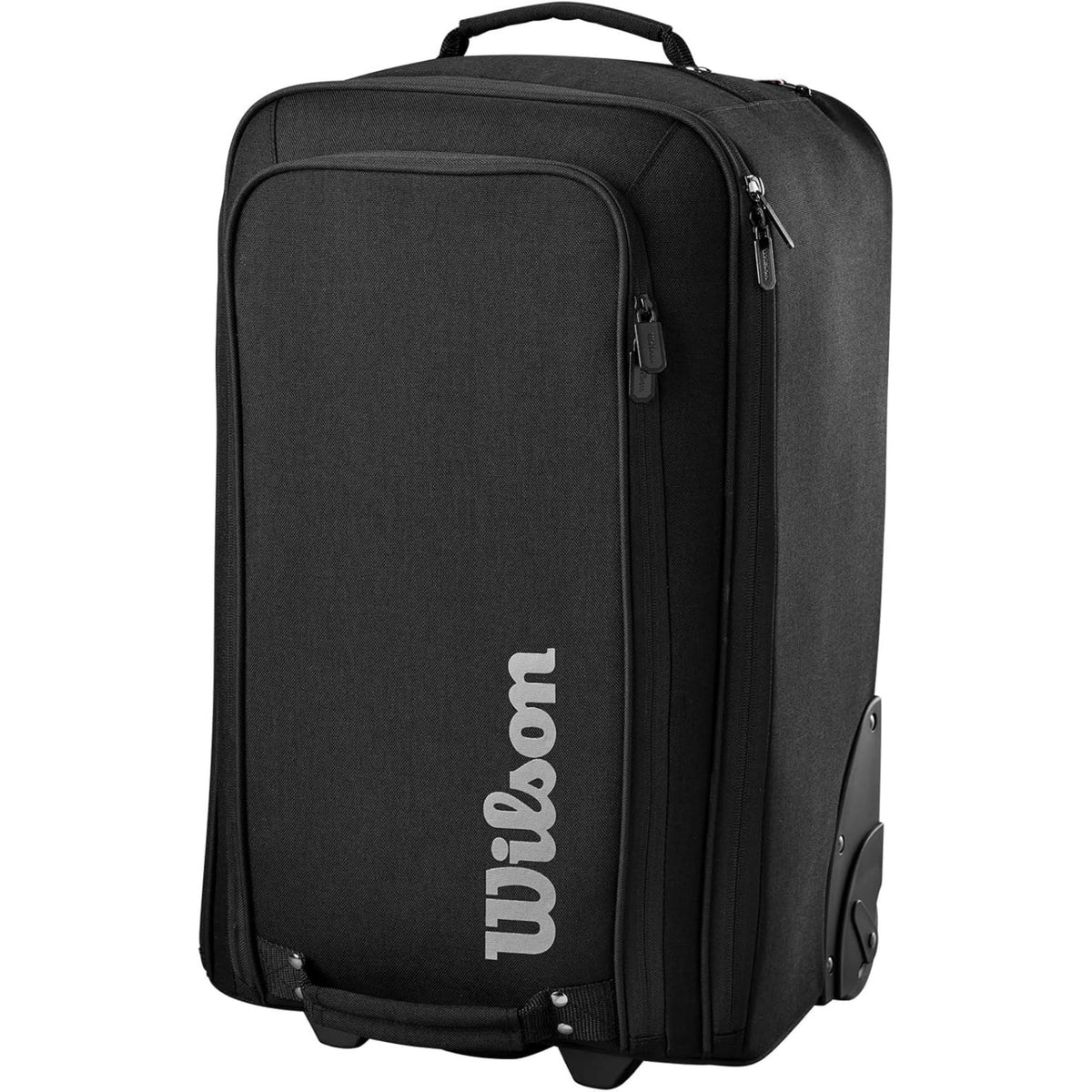 Wilson Golf Tour carry-on luggage in black with multiple zippered compartments, durable fabric construction, and vertical Wilson logo, designed for travel and golf gear storage.