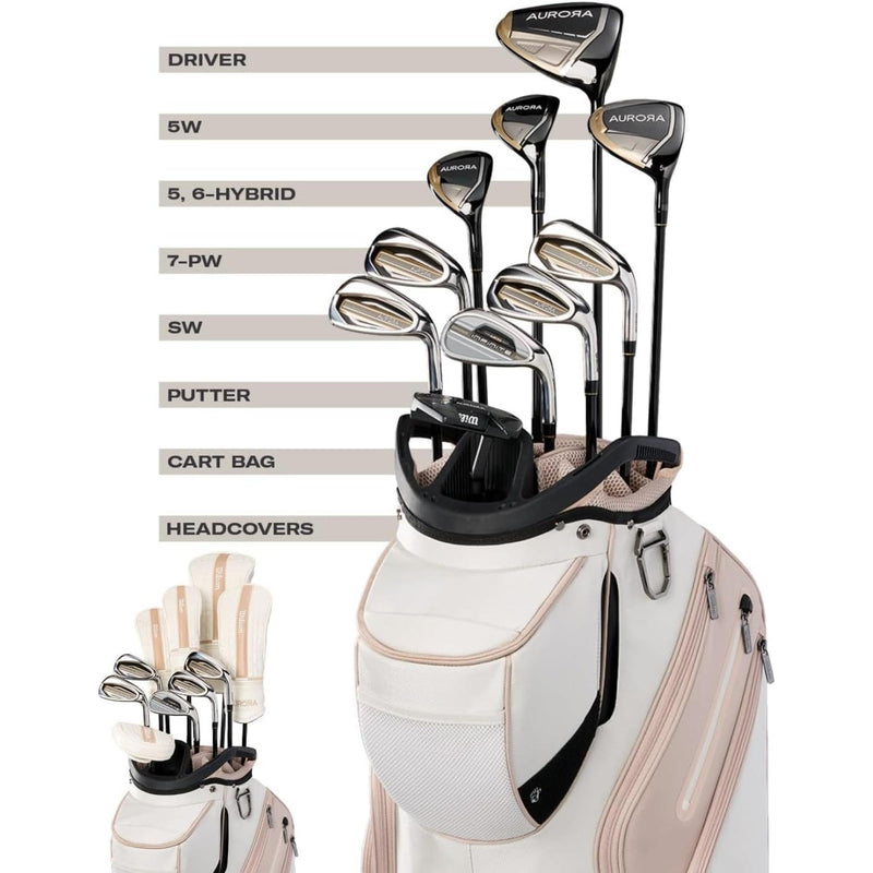 Wilson Golf Women’s Aurora complete golf club set with cart bag in white and blush pink, featuring full set of clubs and multiple zippered storage pockets.