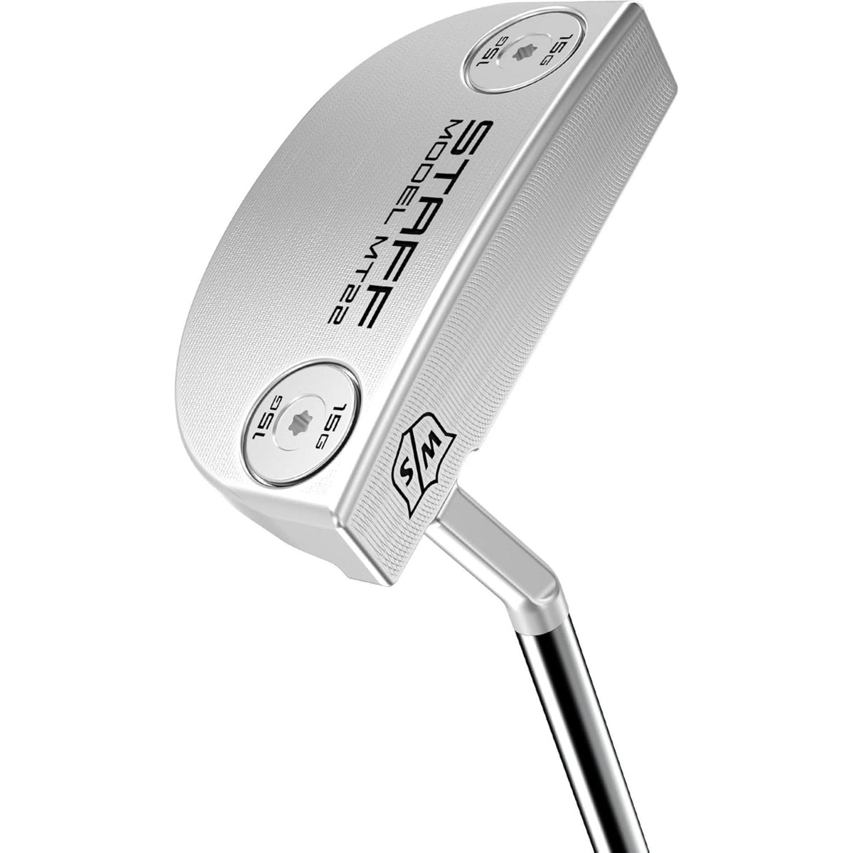 Wilson Golf Staff Model MT22 mallet putter in brushed silver finish with precision-milled face and sole weights, shown in an angled close-up on a white background.