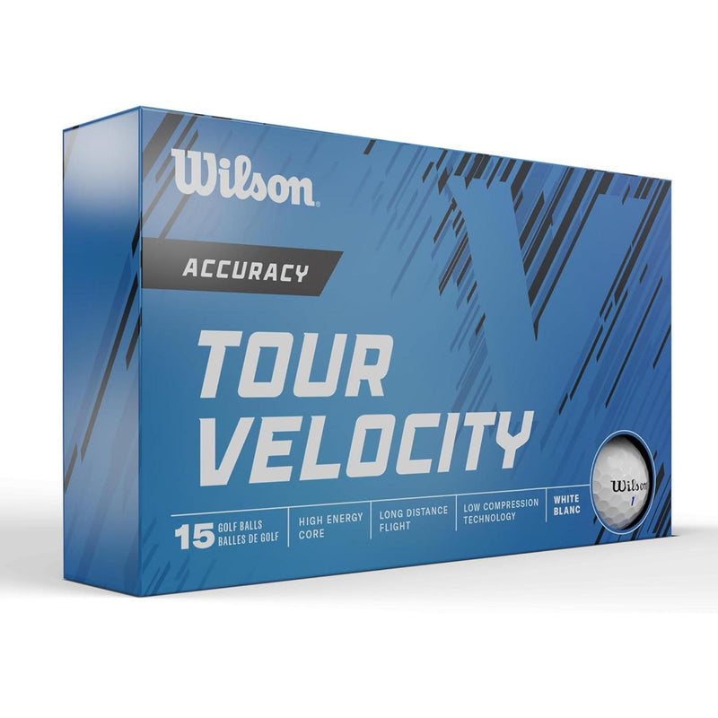 Wilson Tour Velocity Accuracy golf balls 15-pack in blue box packaging with a single white Wilson golf ball displayed in front.