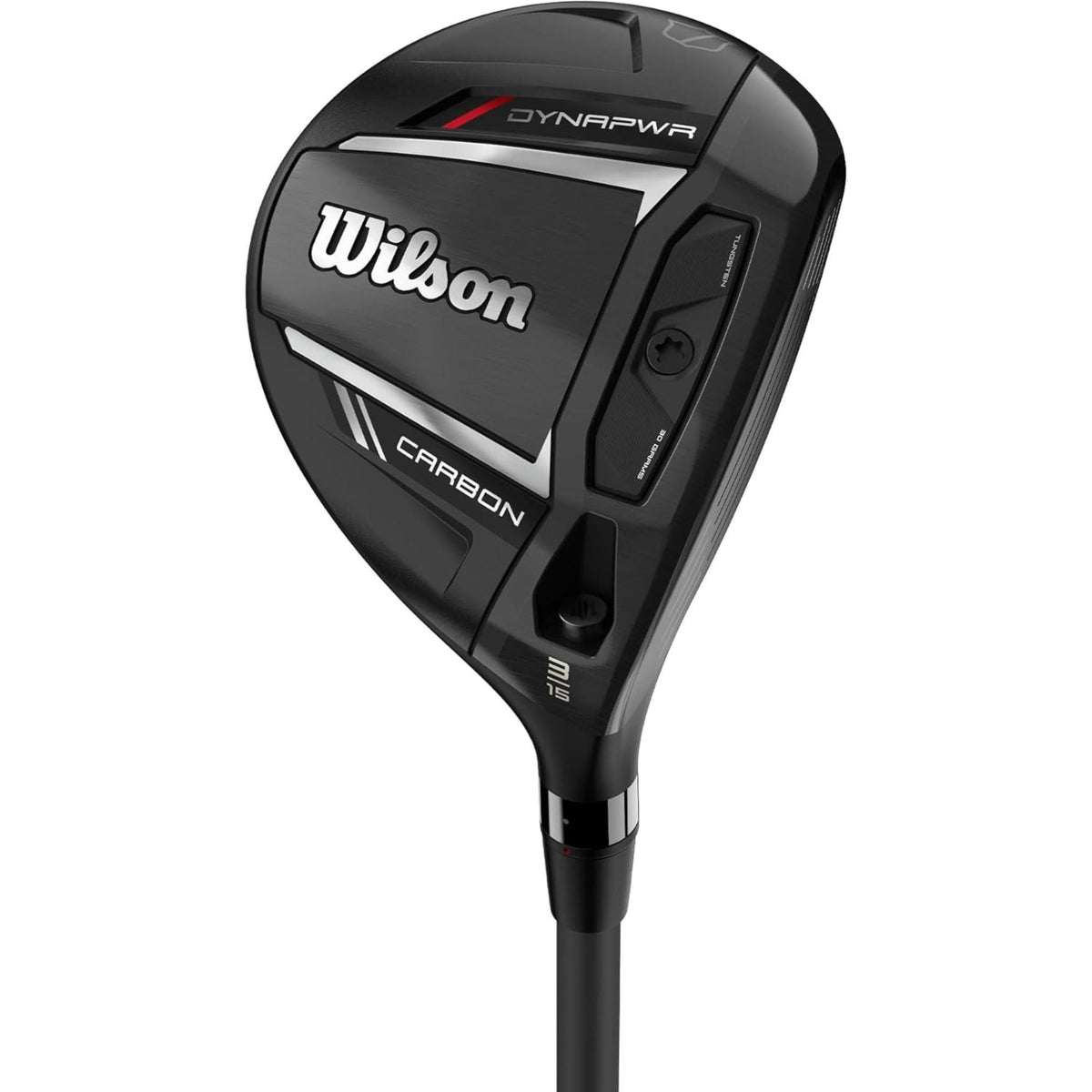Wilson Golf DYNAPWR Carbon fairway wood featuring a black club head with carbon crown technology, adjustable weighting, and a sleek aerodynamic design.