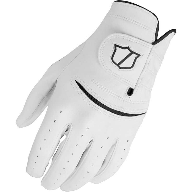 Wilson Golf Staff Model® premium white leather golf glove with perforated fingers, reinforced palm patch, and adjustable wrist closure, shown front and back on a white background.