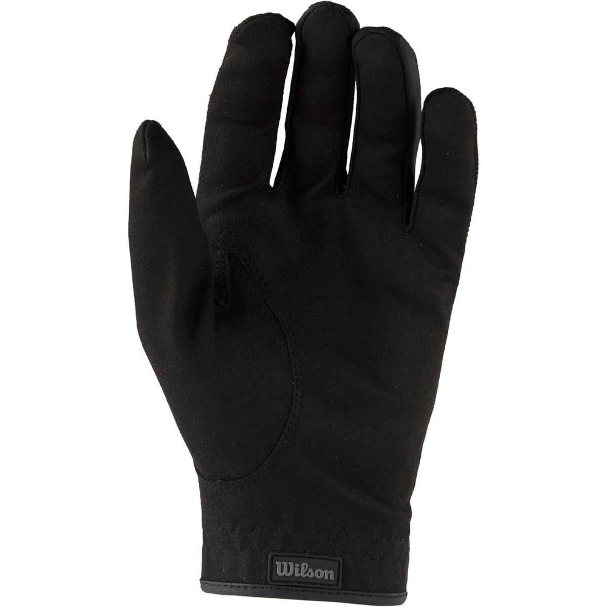 Wilson Golf rain golf gloves in black with textured grip material, breathable mesh backing, and adjustable wrist closure, shown front and back on a white background.