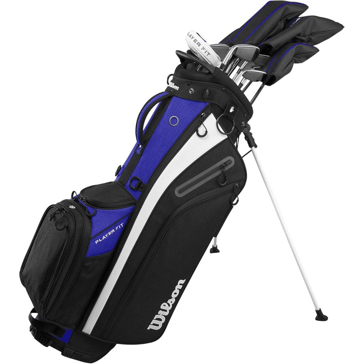 Wilson Golf Men’s PlayerFit steel complete golf set featuring a blue, black, and white stand bag with multiple clubs and headcovers for a complete on-course setup.