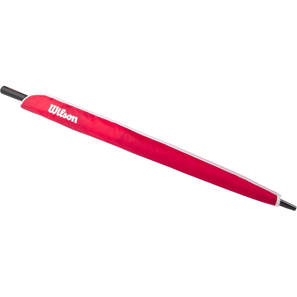 Wilson Golf Tour umbrella in red and white with large Wilson logos, wide canopy design, and black handle, shown open on a white background.