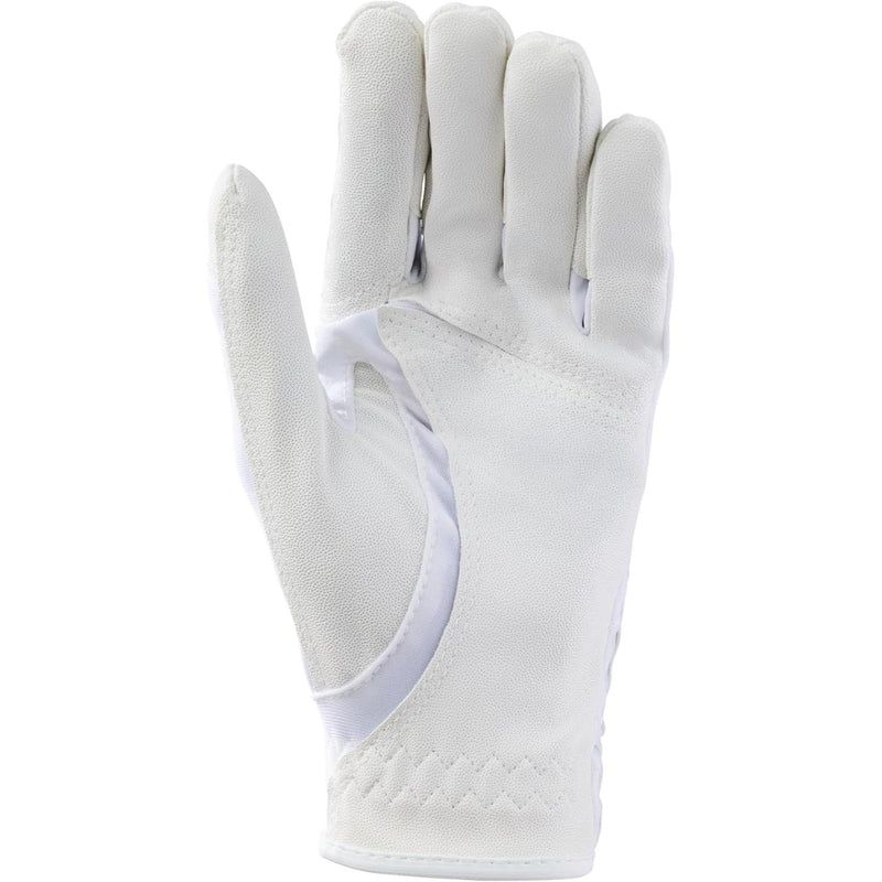 Wilson Golf junior golf glove in white with breathable fabric back, textured palm grip, and adjustable wrist closure featuring the Wilson “W” logo, shown front and back on a white background.