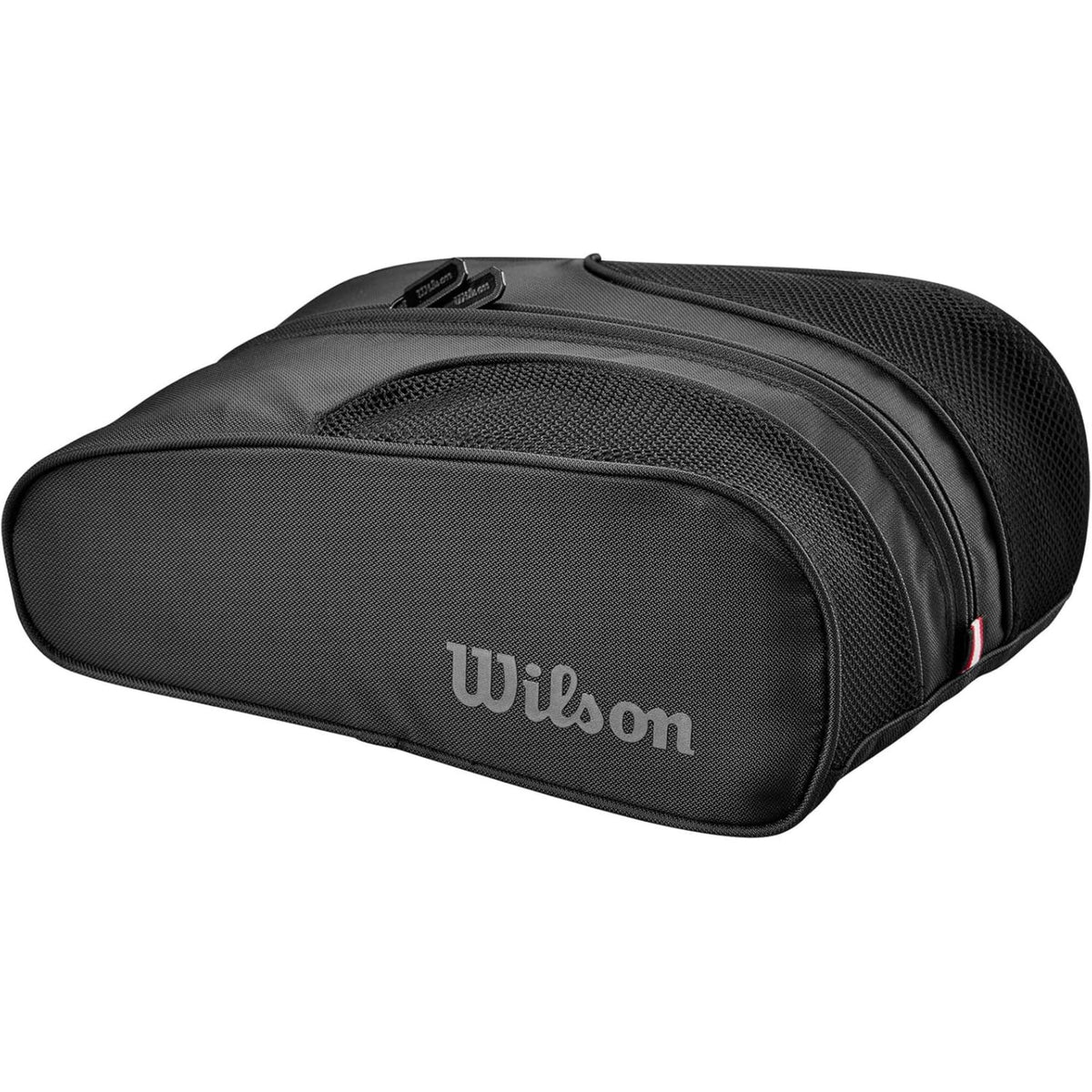 Wilson Golf tour shoe bag in black featuring a zippered main compartment, mesh ventilation panels, and Wilson logo on the front.