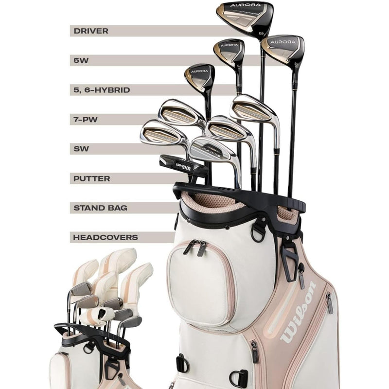 Wilson Golf Women’s Aurora complete golf club set with stand bag in white and blush pink, featuring multiple clubs, padded dual shoulder straps, and built-in stand legs.