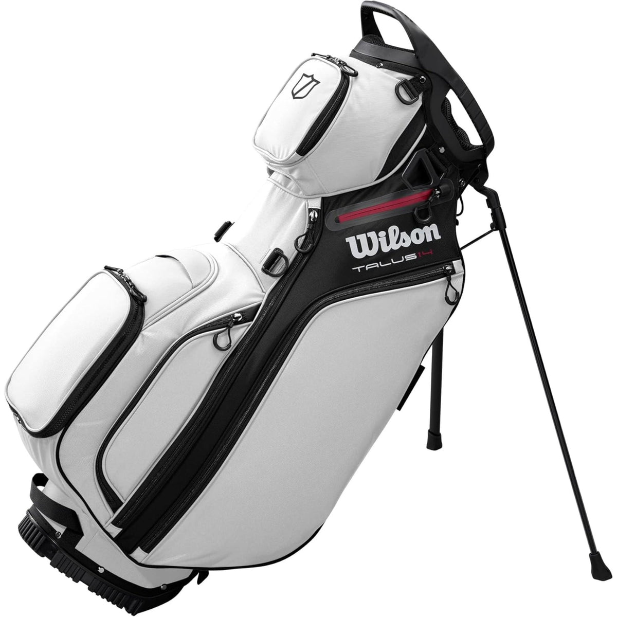Wilson Golf Talus stand golf bag, multiple zippered pockets, built-in stand legs, and top carry handle, displayed on a white background.