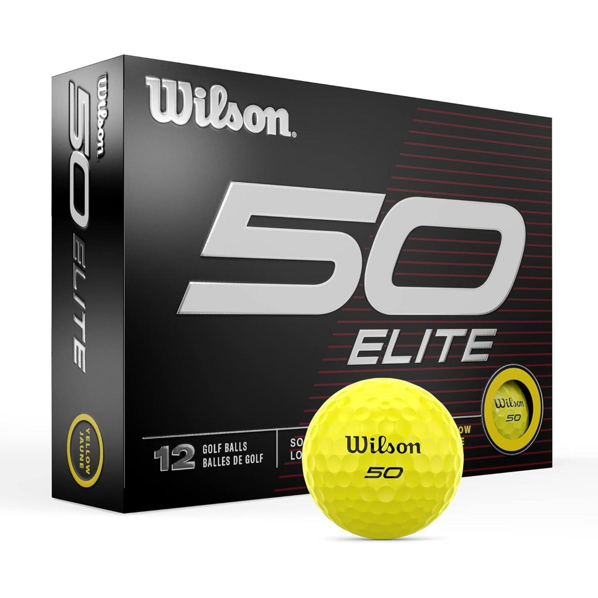 Wilson Fifty Elite golf balls 12 pack featuring low-compression construction, advanced rubber core, and aerodynamic dimple design for soft feel, long distance, and stable flight off the tee.