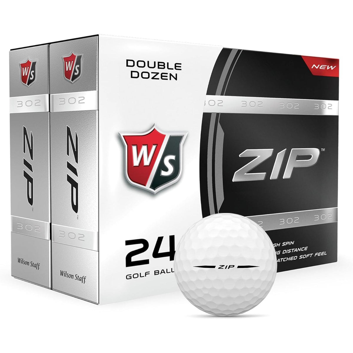 Wilson Staff Zip golf balls double-dozen pack with 24 balls in white packaging and a single white Zip golf ball displayed in front.